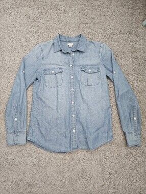 J Crew Blue Solid Denim/Chambray Cotton Long Sleeve Button-Up Shirt